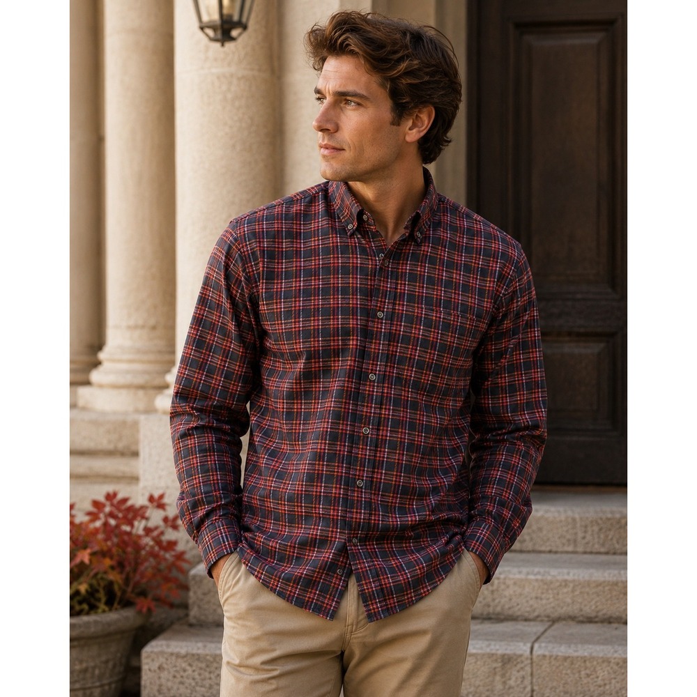 Burberry London Mens Plaid Button Down Shirt Large Navy Red Orange Made in USA